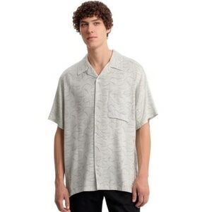 A[X]IST Button‎ Up Shirt XXL Short Sleeve Light Grey Patterned Rayon Silk Touch